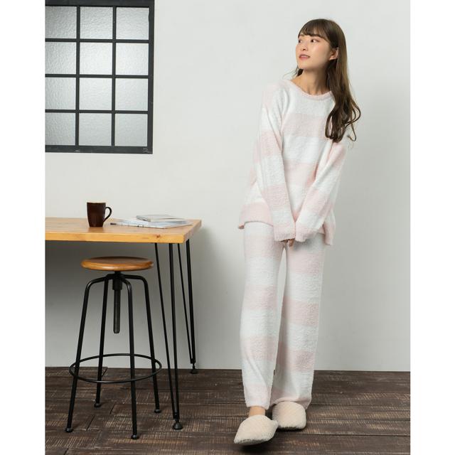 【ピンク×ホワイト・M-L】 レディース ルームウェア 上下セット 長袖 通販 ロングパンツ 長ズボン プルオーバー パジャマ 冬 秋冬 大人 かわいい おしゃれ シンプル ボーダー カジュアル ふわふわ もこもこ