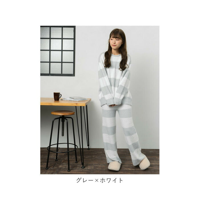 【ピンク×ホワイト・M-L】 レディース ルームウェア 上下セット 長袖 通販 ロングパンツ 長ズボン プルオーバー パジャマ 冬 秋冬 大人 かわいい おしゃれ シンプル ボーダー カジュアル ふわふわ もこもこ