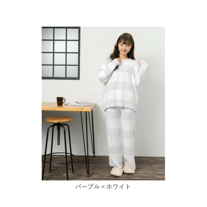 【ピンク×ホワイト・M-L】 レディース ルームウェア 上下セット 長袖 通販 ロングパンツ 長ズボン プルオーバー パジャマ 冬 秋冬 大人 かわいい おしゃれ シンプル ボーダー カジュアル ふわふわ もこもこ