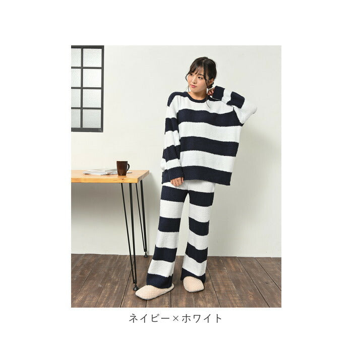 【ピンク×ホワイト・M-L】 レディース ルームウェア 上下セット 長袖 通販 ロングパンツ 長ズボン プルオーバー パジャマ 冬 秋冬 大人 かわいい おしゃれ シンプル ボーダー カジュアル ふわふわ もこもこ