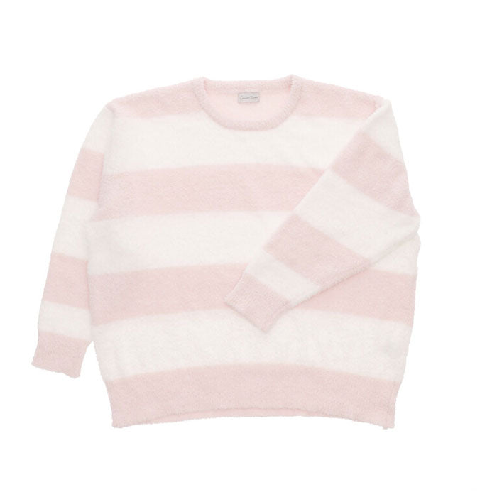 【ピンク×ホワイト・M-L】 レディース ルームウェア 上下セット 長袖 通販 ロングパンツ 長ズボン プルオーバー パジャマ 冬 秋冬 大人 かわいい おしゃれ シンプル ボーダー カジュアル ふわふわ もこもこ