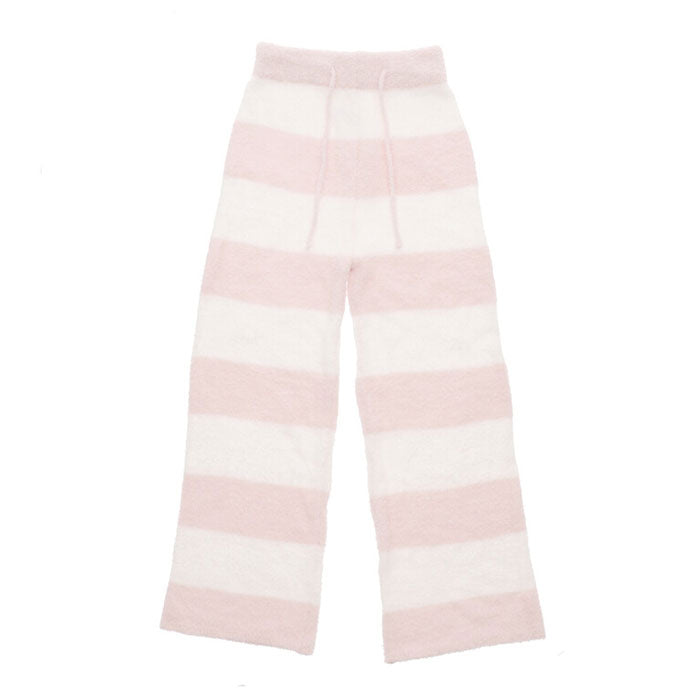 【ピンク×ホワイト・M-L】 レディース ルームウェア 上下セット 長袖 通販 ロングパンツ 長ズボン プルオーバー パジャマ 冬 秋冬 大人 かわいい おしゃれ シンプル ボーダー カジュアル ふわふわ もこもこ