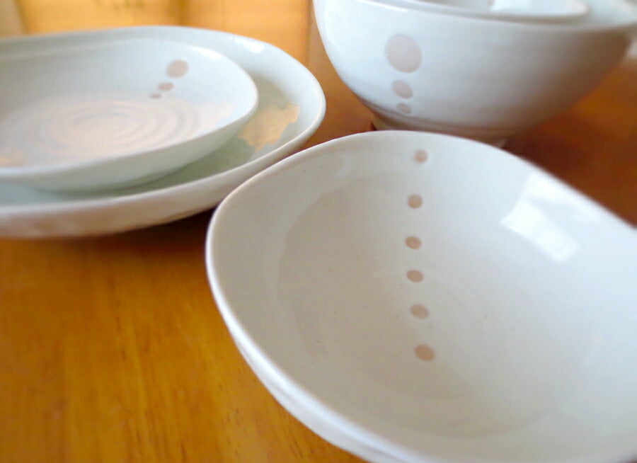 ドット白 新生活食器5点セット 食器セット おしゃれ 水玉 白 ホワイト ピンク 一人暮らし お一人分セット 和カフェ 国産 美濃焼  陶器のふる里  stockヤ