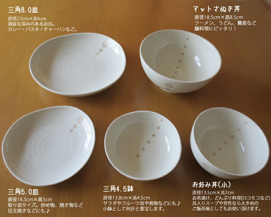 ドット白 新生活食器5点セット 食器セット おしゃれ 水玉 白 ホワイト ピンク 一人暮らし お一人分セット 和カフェ 国産 美濃焼  陶器のふる里  stockヤ