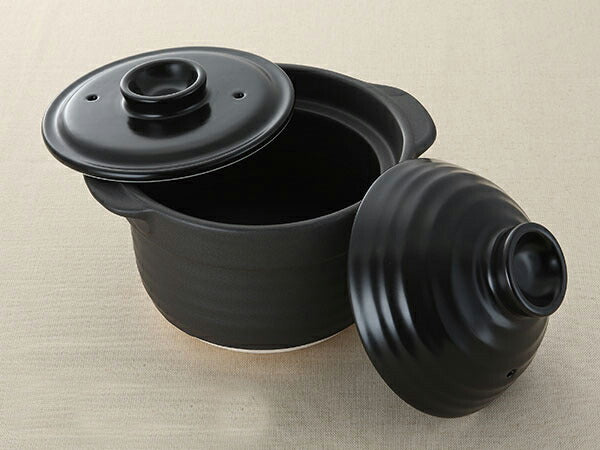 ご飯炊き土鍋２合炊きブラック 炊飯鍋 黒 シンプル 直火専用 耐熱鍋 ご飯鍋 国産 日本製   陶器のふる里  trys光