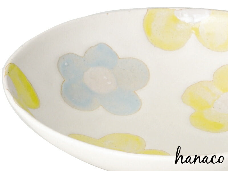 hanaco深小皿ブルー 楕円皿 幅17cm 青×イエロー×アイボリー 黄色 花 和食器 美濃焼 国産   陶器のふる里  trysケ