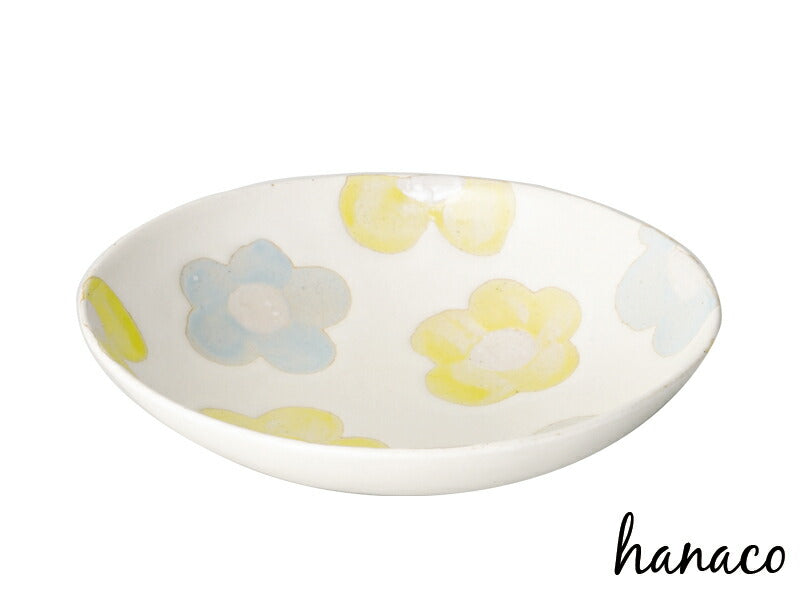 hanaco深小皿ブルー 楕円皿 幅17cm 青×イエロー×アイボリー 黄色 花 和食器 美濃焼 国産   陶器のふる里  trysケ