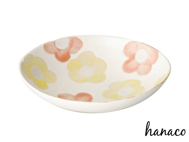 hanaco深小皿ピンク 楕円皿 幅17cm ピンク×イエロー×アイボリー 黄色 花 和食器 土物 陶土器 良質 国産   陶器のふる里  trysケ