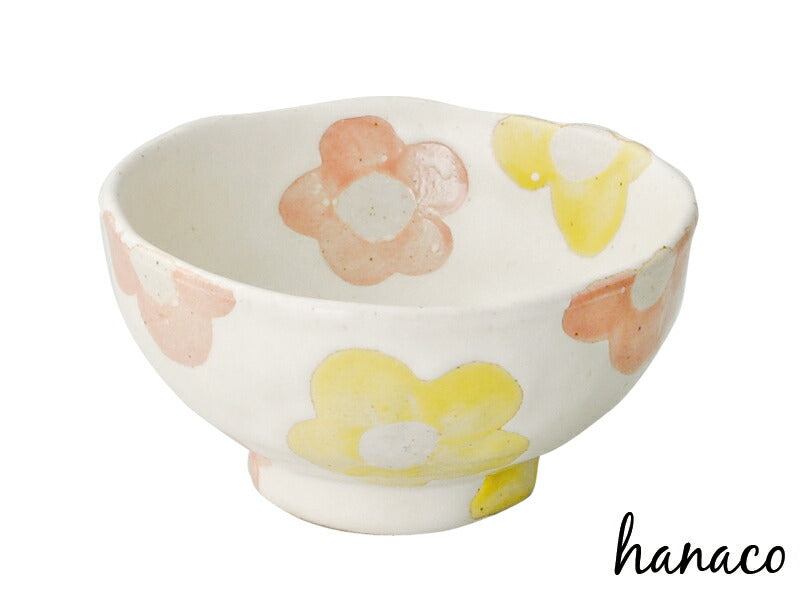 hanaco飯碗小ピンク 直径11.5cm ピンク×イエロー×アイボリー 黄色 ご飯茶碗 ごはんちゃわん 花 和食器 土物 陶土器 良質 国産   陶器のふる里  trysケ