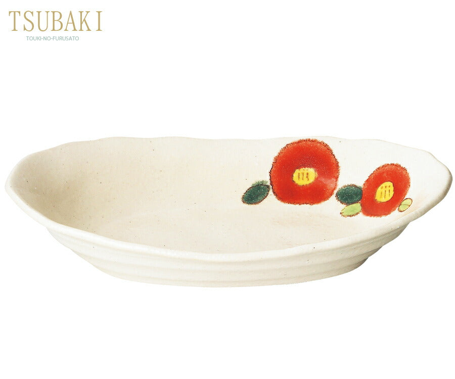 TSUBAKI赤カレー皿  赤 幅25.5cm ベーカー 楕円大鉢 パスタ皿 花 椿 和食器 大皿 おしゃれ 日本製  陶器のふる里  trysケ