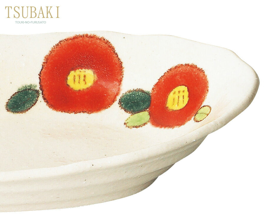 TSUBAKI赤カレー皿  赤 幅25.5cm ベーカー 楕円大鉢 パスタ皿 花 椿 和食器 大皿 おしゃれ 日本製  陶器のふる里  trysケ