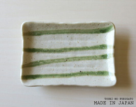 グリーン流し銘々皿 幅16cm 長角皿 小皿 織部 緑色ライン 和食器 国産 美濃焼 取り皿 大口注文OK  陶器のふる里  stockヤ