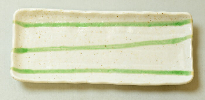 グリーン流し突出皿 幅22.3cm 長角皿 焼き魚 刺身 串物 串料理 五平餅の器 織部 緑ライン 和食器 大皿 国産 美濃焼 大口注文OK 卸価格  陶器のふる里  stockヤ