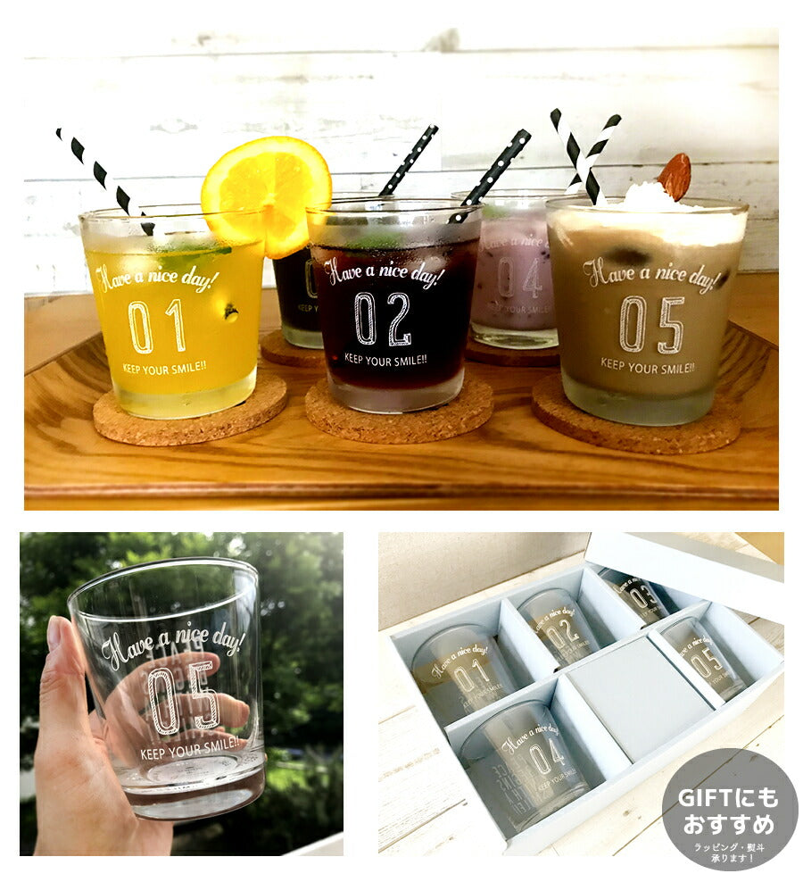 Number glass 5個SET(箱入り)  グラス5個セット 容量284cc 高9cm タンブラー ガラス製 ギフト プレゼント カジュアル 背番号 結婚祝い 新築祝い 内祝い 5セット コップ セット 母の日 ギフト 箱w-294 送料無料