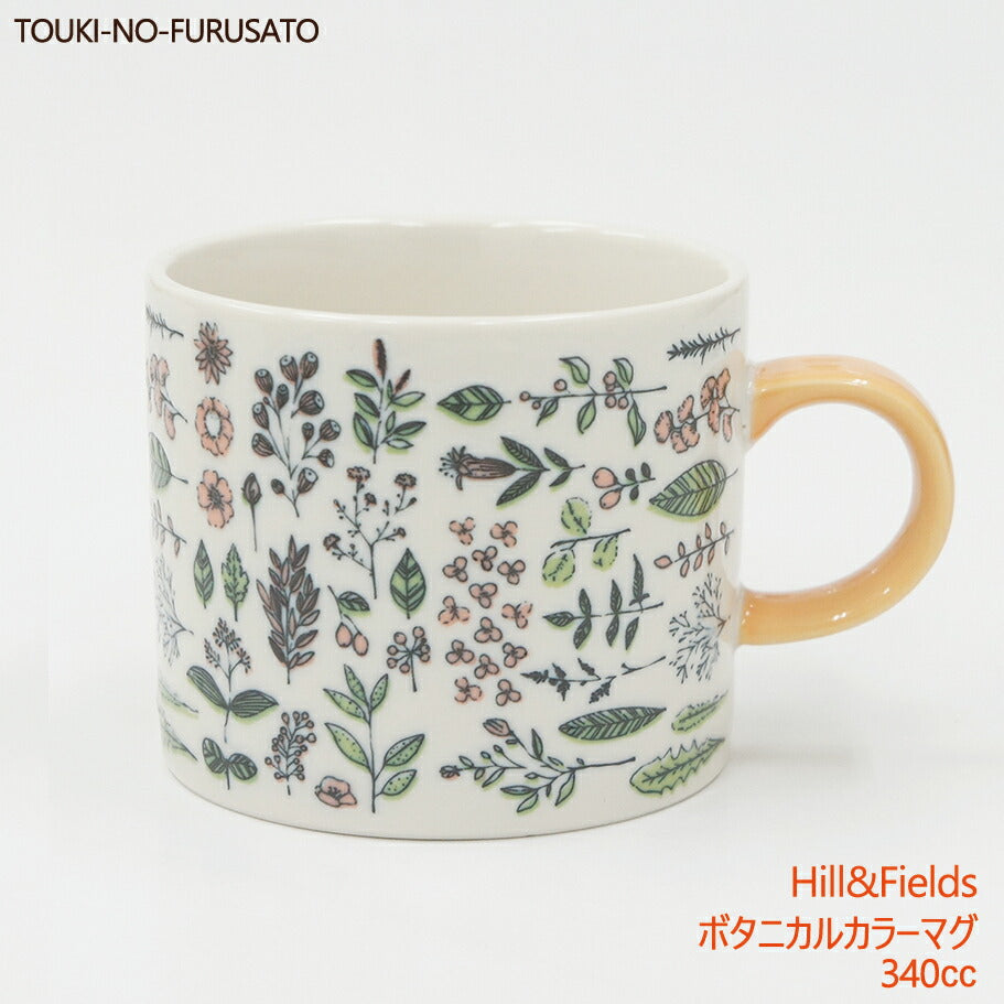 Hill and Fieldsボタニカルカラーマグ オレンジ イエロー 黄色 340cc マグカップ たっぷり BOTANICAL おしゃれ インスタ映え 小花 ハーブ 葉 国産 磁器 電子レンジOK オーブンOK 食洗機OK Hill&Fields   陶器のふる里  trysケ