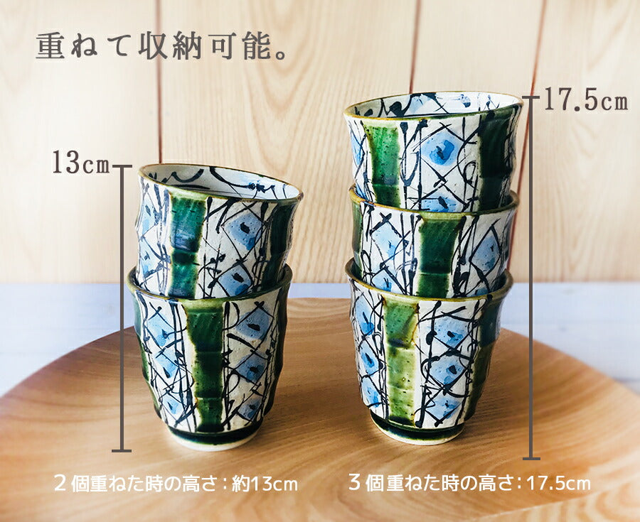 送料無料 織部ペルシャ紋ゆのみ５個セット 専用木箱入り 湯呑みセット プレゼント 贈り物 来客用 ギフト 長寿祝い 還暦 結婚 国産 美濃焼 軽量 食器セット ラッピング 熨斗紙対応  母の日 父の日 食器 ギフト 送料無料(一部送料割引)  陶器のふる里  trysハ+桐箱
