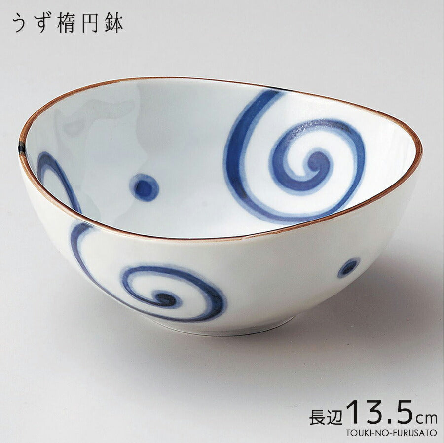 うず楕円4.0小鉢 長辺13.5cm 楕円鉢 和食器 和ボウル 美濃焼 国産 渦 日本製   陶器のふる里  stockヤ