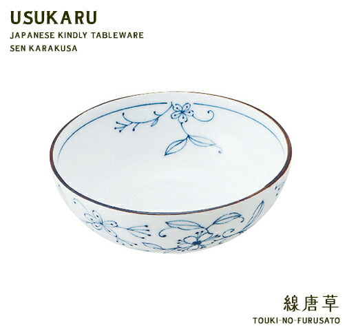 線唐草UK40小鉢 直径12cm 軽量 うすかる 白磁 小鉢 ボウル 和ボウル 中華食器 和食器 藍色 かわいい 唐草模様 花模様 線画 食器 美濃焼 国産   陶器のふる里  trys亜