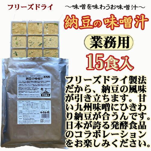 【業務用  納豆の味噌汁15食フリーズドライ お試しメール便】（※定形外郵便）フリーズドライ製法でひきわり納豆の風味をそのままに。九州味噌の甘みとなっとうの美味しいハーモニーで、まろやかな味噌汁になりました。