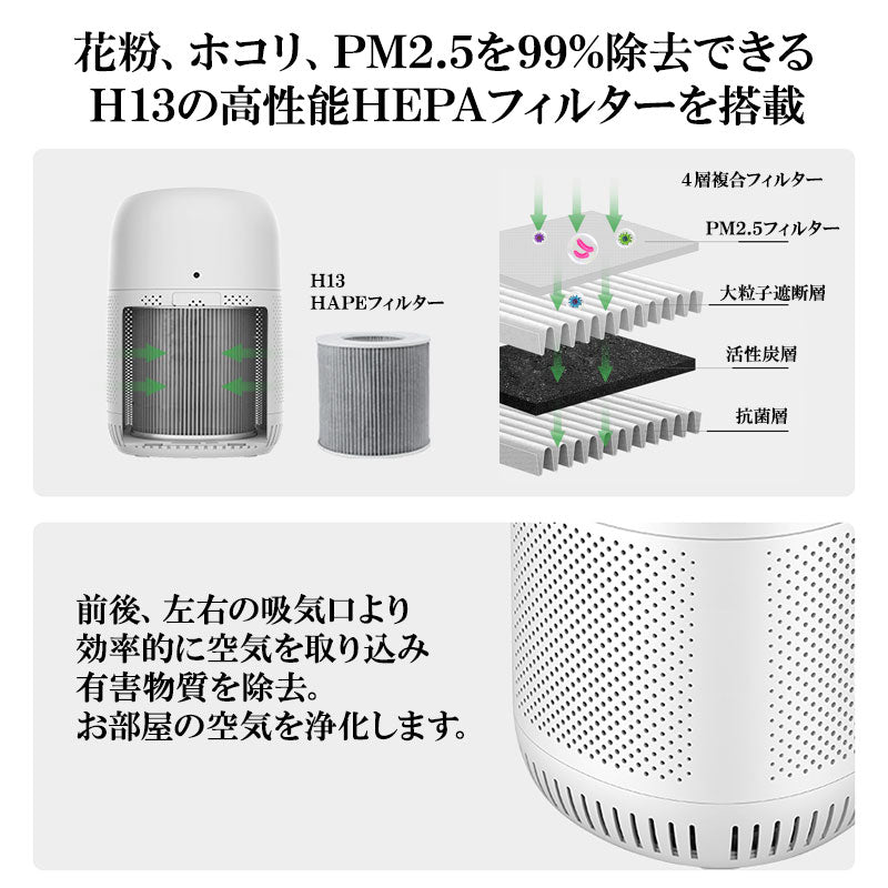空気清浄機 コンパクト 99.9% PM2.5対応 10畳対応 寝室 静音 卓上 静か スリム パワフル 空気清浄器 おしゃれ 黒 タバコ 花粉 スタイリッシュ 一人暮らし ミニ 加湿なし 売れ筋(番号:186)