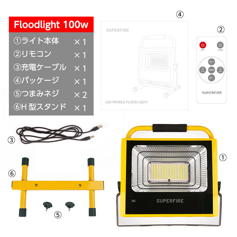 LED投光器(Lサイズ) 100w 高輝度1330lm 防水 防塵 最強 充電式 釣り キャンプ アウトドア 作業灯 防災グッズ 屋外用 停電対策 ワークライト 倉庫 夜間照明 現場工事 緊急照明 車中泊 BBQ 避難用品 台風(番号:190)
