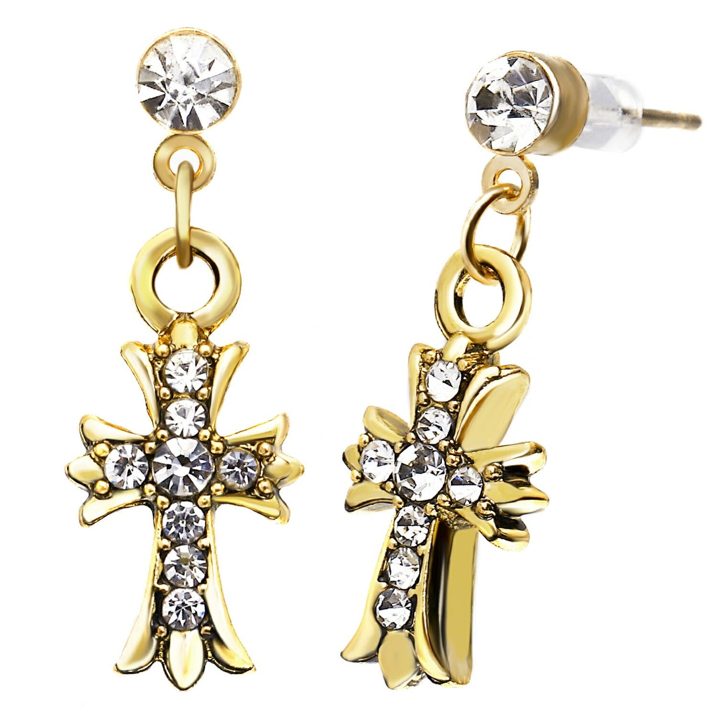 Renervate ピアス クロス 十字架 金属アレルギー 18金 18k フープ 揺れる キャッチ シンプル 小さい セット アレルギー ピアス レディース 大人 ブランド ぶらさがり ピアス かわいい 可愛い 韓国 派手 かっこいい 人気 ジュエリー プレゼント 両耳 つけっぱなし(ゴールド(一粒ダイヤ))