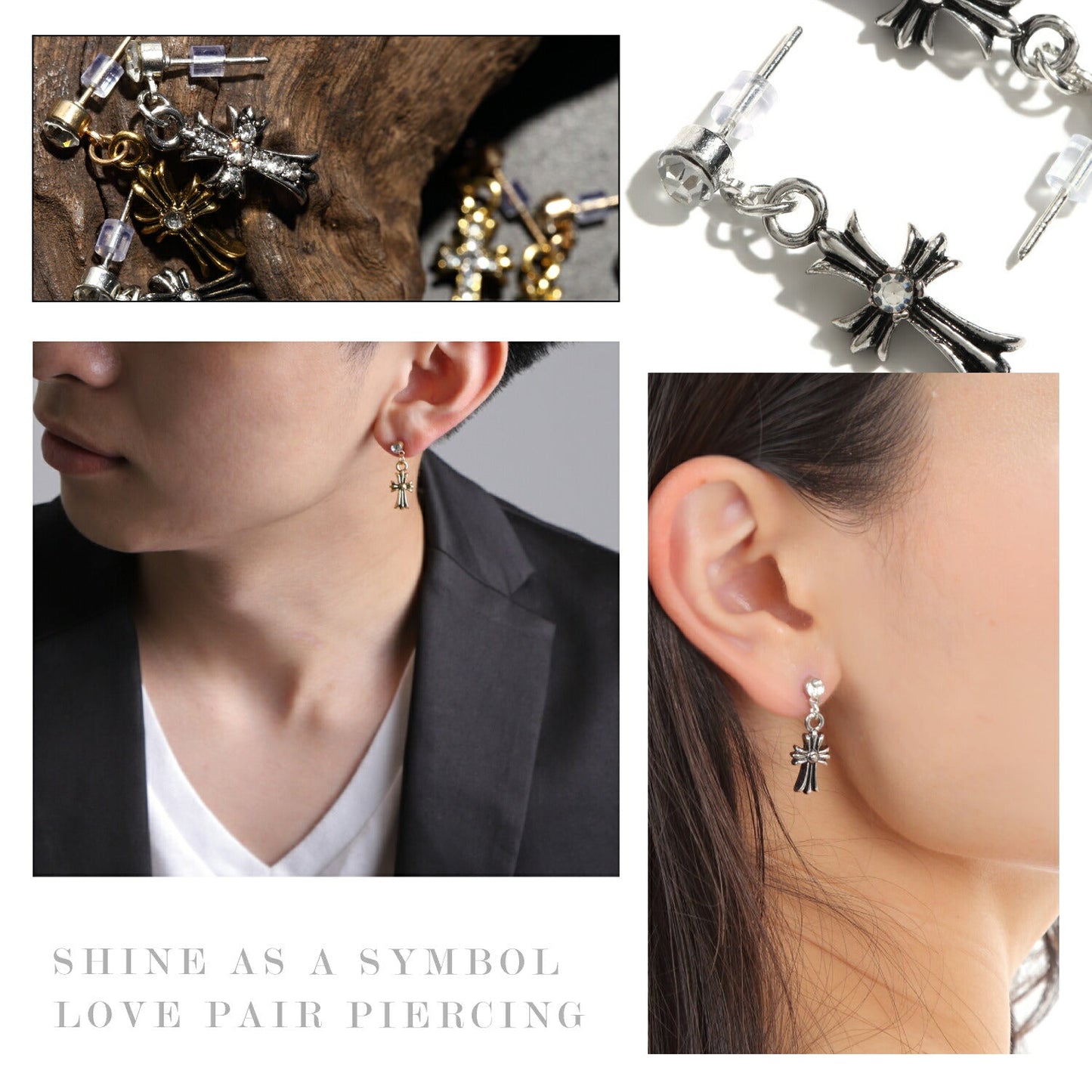 Renervate ピアス クロス 十字架 金属アレルギー 18金 18k フープ 揺れる キャッチ シンプル 小さい セット アレルギー ピアス レディース 大人 ブランド ぶらさがり ピアス かわいい 可愛い 韓国 派手 かっこいい 人気 ジュエリー プレゼント 両耳 つけっぱなし(シルバー(一粒ダイヤ))