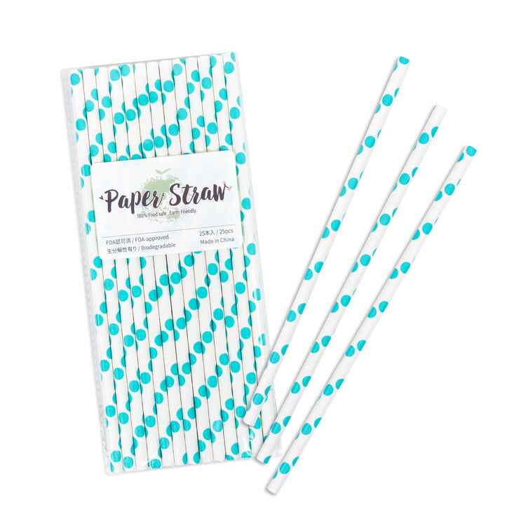 ペーパーストロー 紙ストロー [ベビーブルー ドット] 25本入 / Paper Straws Baby Blue Polka Dot 25pcs