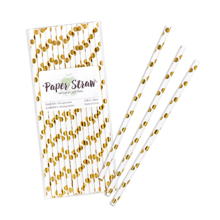 ペーパーストロー 紙ストロー [ゴールドメタリック ドット] 25本入 / Paper Straws Gold Metallic Polka Dot 25pcs