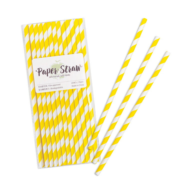ペーパーストロー 紙ストロー [イエロー ストライプ] 25本入 / Paper Straws Yellow Stripe 25pcs