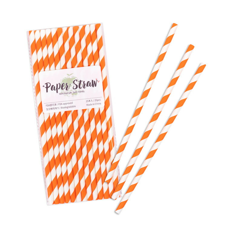 ペーパーストロー 紙ストロー [オレンジ ストライプ] 25本入 / Paper Straws Orange Stripe 25pcs