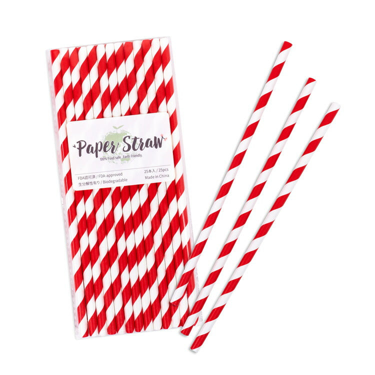 ペーパーストロー 紙ストロー [レッド ストライプ] 25本入 / Paper Straws Red Stripe 25pcs
