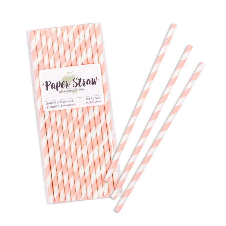 ペーパーストロー 紙ストロー [ベビーピンク ストライプ] 25本入 / Paper Straws Baby Pink Stripe 25pcs