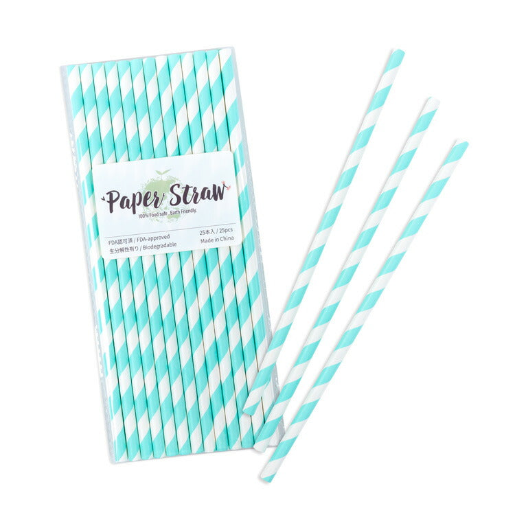 ペーパーストロー 紙ストロー [ベビーブルー ストライプ] 25本入 / Paper Straws Baby Blue Stripe 25pcs