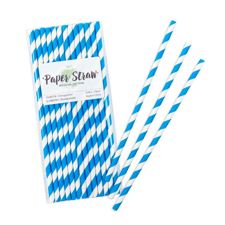 ペーパーストロー 紙ストロー [ブルー ストライプ] 25本入 / Paper Straws Blue Stripe 25pcs