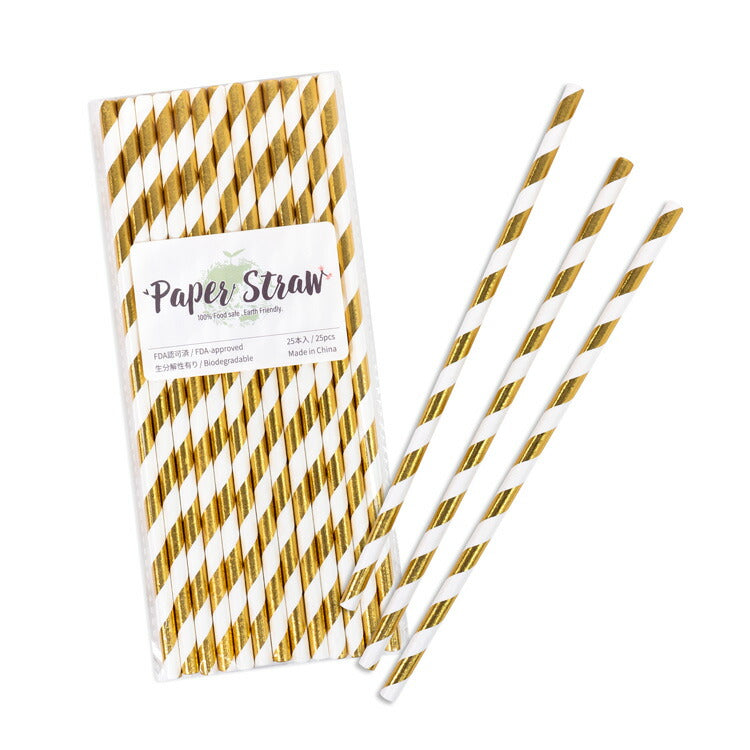 ペーパーストロー 紙ストロー [ゴールドメタリック ストライプ] 25本入 / Paper Straws Gold Metallic Stripe 25pcs