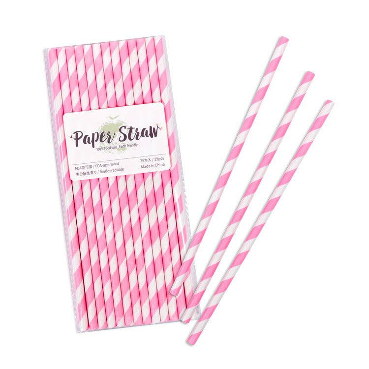 ペーパーストロー 紙ストロー [ストロベリー ストライプ] 25本入 / Paper Straws Strawberry Stripe 25pcs