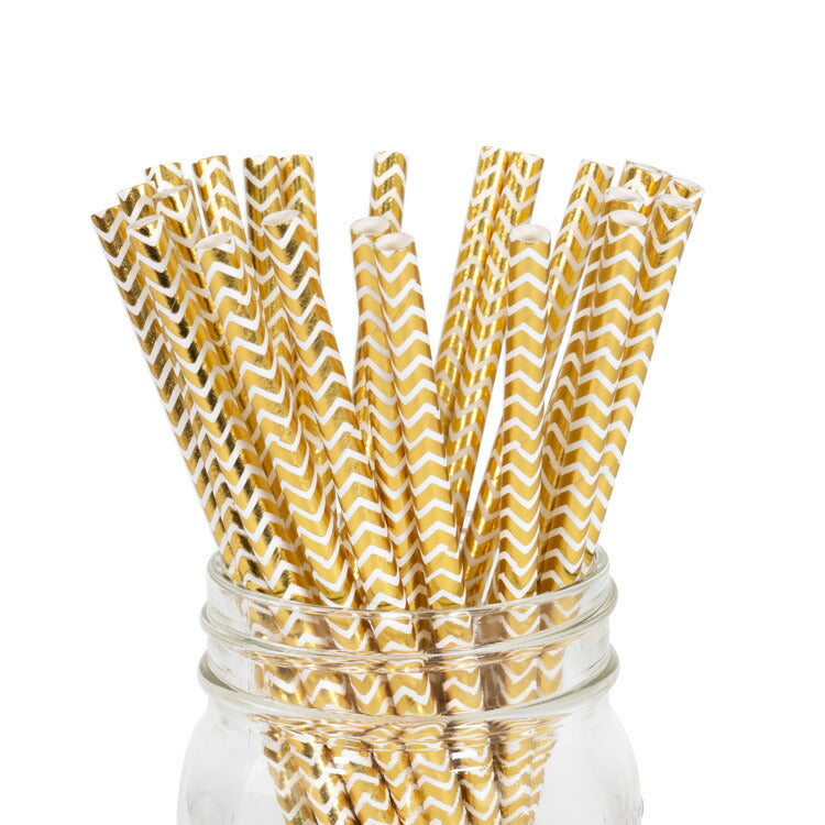 ペーパーストロー 紙ストロー [ゴールドメタリック シェブロン] 25本入 / Paper Straws Gold Metallic Chevron 25pcs