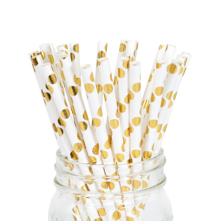 ペーパーストロー 紙ストロー [ゴールドメタリック ドット] 25本入 / Paper Straws Gold Metallic Polka Dot 25pcs