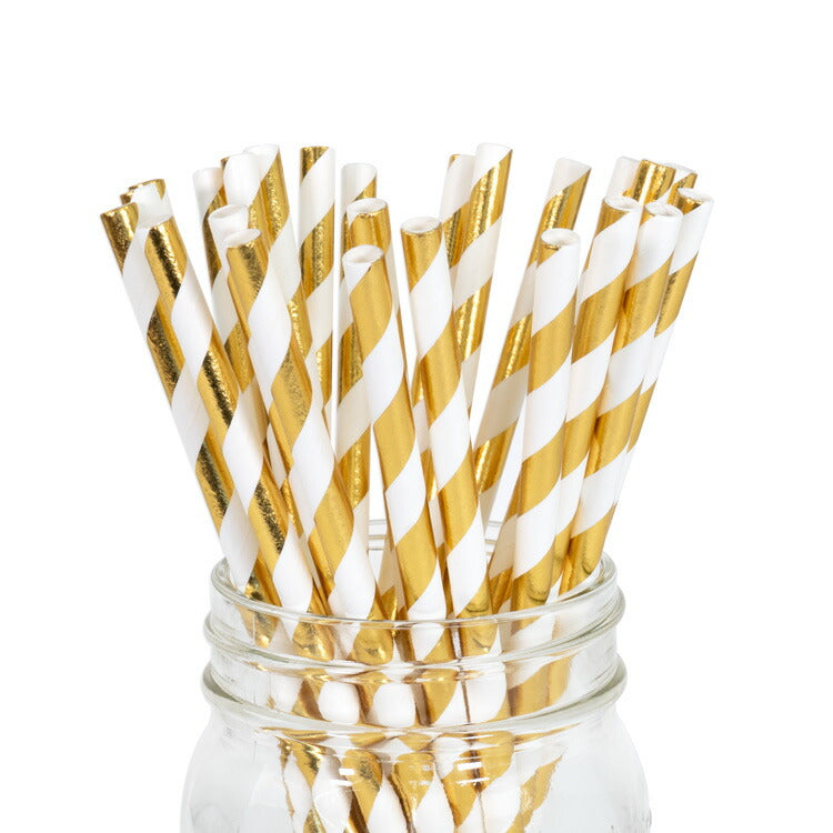 ペーパーストロー 紙ストロー [ゴールドメタリック ストライプ] 25本入 / Paper Straws Gold Metallic Stripe 25pcs