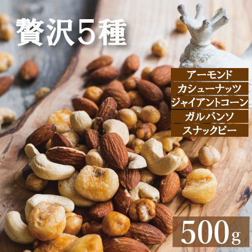 送料無料 ミックスナッツ 塩味 贅沢5種 500g ゆうパケット みっくすなっつ アーモンド カシューナッツ ジャイアントコーン ガルバンソ スナックピー 赤穂の塩 有塩 塩付き 塩あり おやつ おつまみ 家呑み 宅呑み 健康 お徳用 業務用 大容量 チャック袋入り グルメ みのや