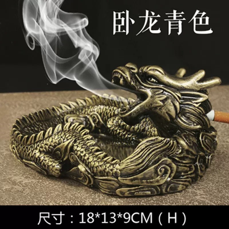 浄化用 灰皿 ガラス クリスタルガラス おしゃれ かっこいい 高級 ギフト ドラゴン 龍 竜 アンティーク風 骨董風 インテリア 置物 オブジェ 灰皿 とぐろを巻く龍 円形 (アンティークゴールド) 守護龍
