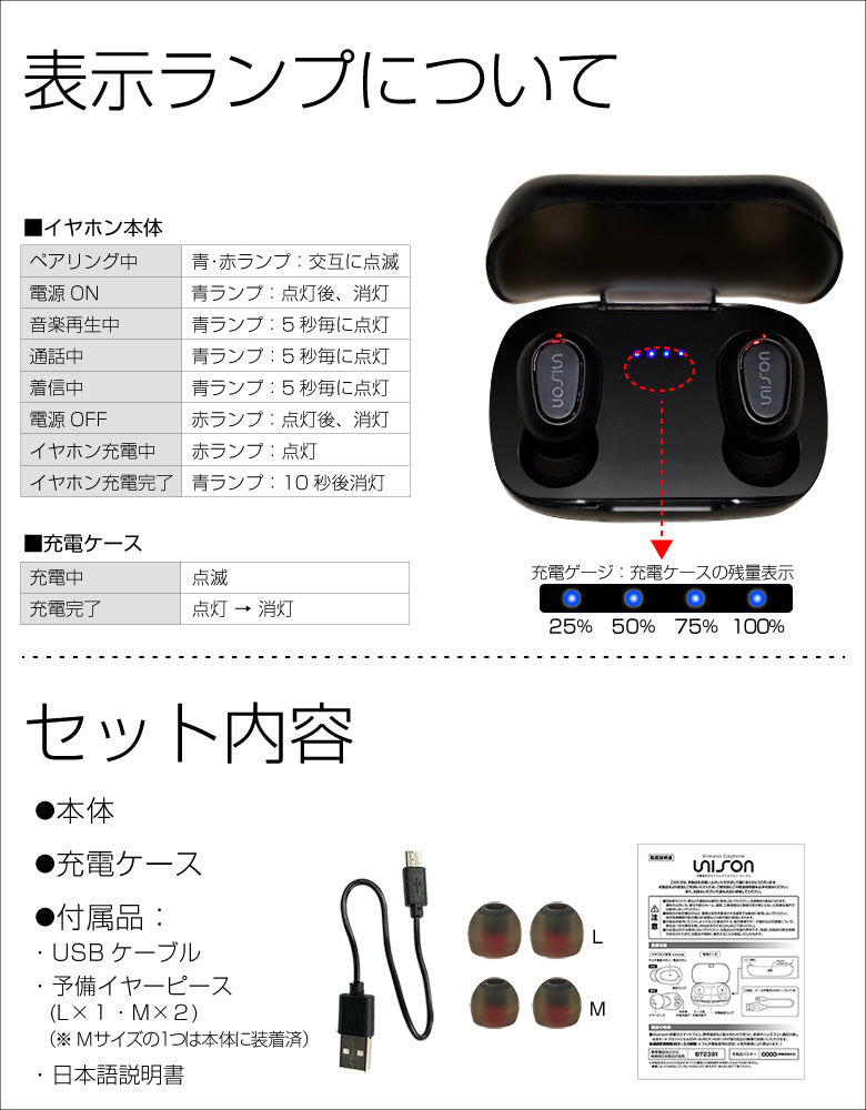 【ブラック】ワイヤレスイヤホン UNISON Bluetooth5.0 ブルートゥース イヤホン iPhone アンドロイド スマホ 完全ワイヤレスイヤホン 片耳 マイク 通話 ランニング