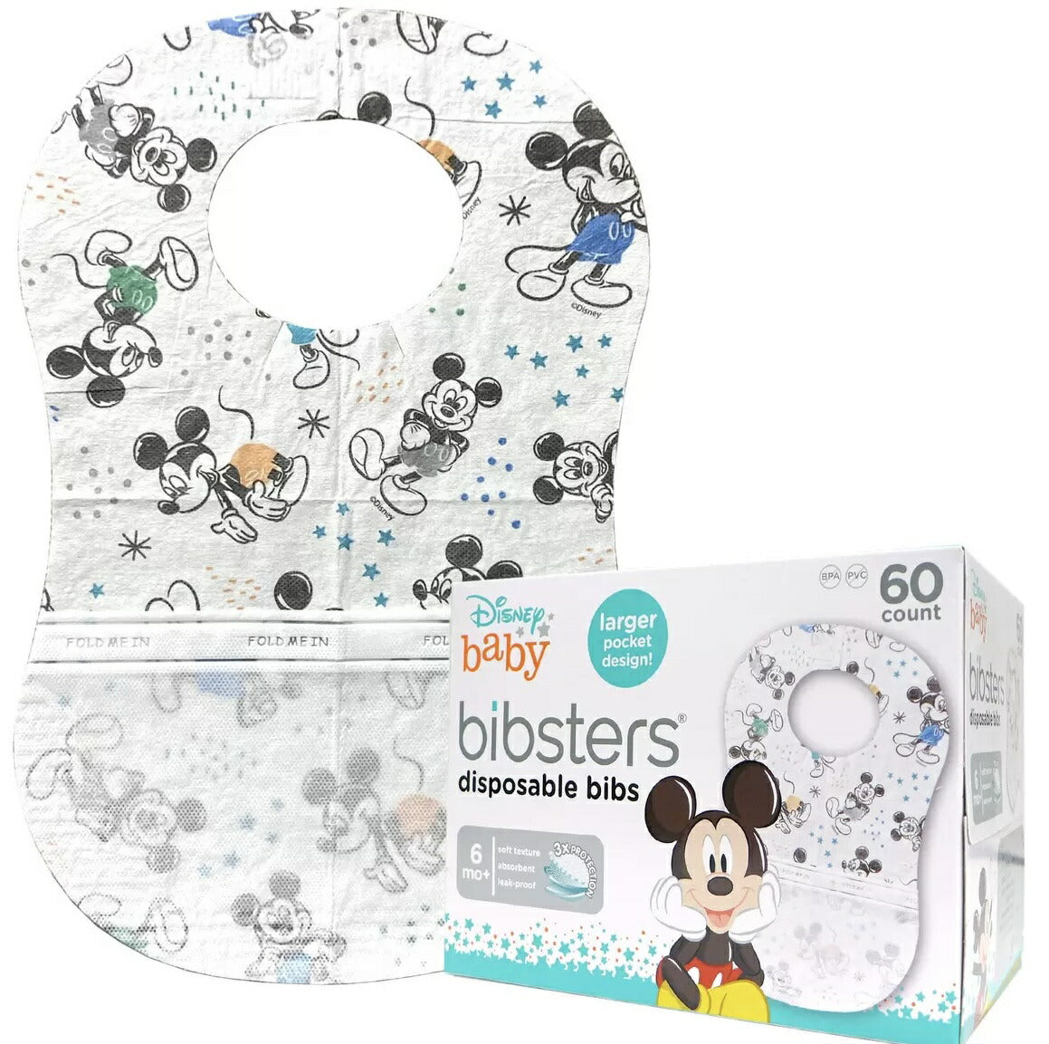 ★ミニー★送料無料★Bibsters  ビブスター よだれかけ ディズニー　ミッキーマウス　ミニー　トイストーリー　プリンセス 　プーさん　60枚 使い捨て　紙スタイ　エプロン　離乳食　お出かけ　外食　COSTCO コストコ