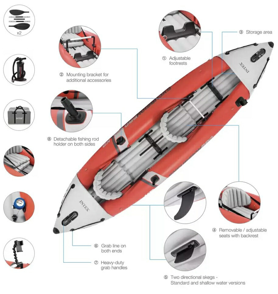 【メーカー直送品】2人用(赤)《カヤック＋空気入れポンプ+オール2本 3点セット》 インテックス エクスカージョン プロ 2人用 インフレータブル カヤック 68309NP【コストコ通販】