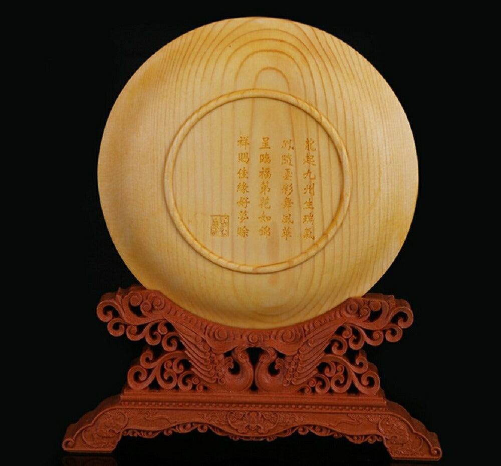 龍 鳳凰 皿 極上彫り【お皿型龍神＆鳳凰彫り】直径約145mm 台付き 木彫り 龍神＆鳳凰 風水 インテリア 彫刻 仏像 縁起物 祈る 開運 スピリチュアル プレゼント 贈り物 ギフト お土産 お守り 置物 飾り 丸型 ドラゴン 鳥 神鳥 ウッド 刻印