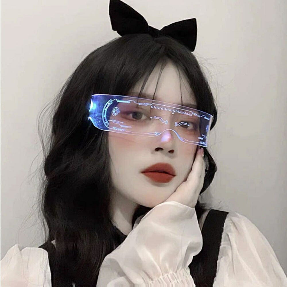 サングラス 近未来 LED 線型 クリア SF レディース メンズ スクエア ビッグ フレーム 大きめ かわいい おしゃれ ファッションアイテム トレンド メガネ UVカット 運転用 眼鏡 b系 ヒップホップ ストリート クラブ CLUB オラオラ