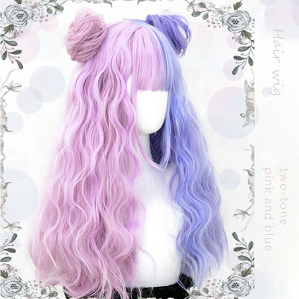 ウィッグ ピンク&ブルー ツインお団子 ヘア ロング ツートン フルウィッグ 自然 軽量 ミックス 小顔効果 ナチュラル サラツヤ かわいい 流行り 最新 ベース 病みかわ 夢かわいい ストレート 調整可能 ウイッグ 綺麗 髪 コスプレ