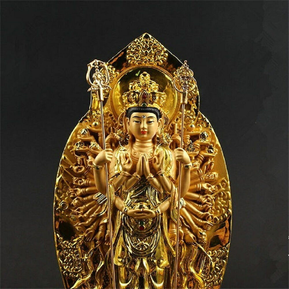 置物 黄金 千手観音菩薩 杖 両手 風水 置物 仏像 風水グッズ 観音様 仏様 縁起物 飾り物 癒し 千手観音 開運祈願 金メッキ仕上げ 仏像 せんじゅかんのんぼさつ 十二支 守り本尊 彩色仕上げ インテリア 仏具 御守仏 お守り仏像 干支本尊