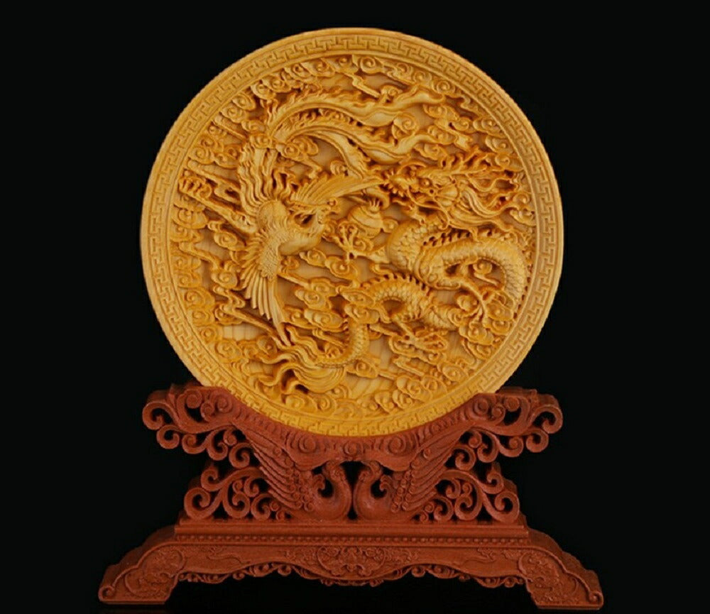 龍 鳳凰 皿 極上彫り【お皿型龍神＆鳳凰彫り】直径約145mm 台付き 木彫り 龍神＆鳳凰 風水 インテリア 彫刻 仏像 縁起物 祈る 開運 スピリチュアル プレゼント 贈り物 ギフト お土産 お守り 置物 飾り 丸型 ドラゴン 鳥 神鳥 ウッド 刻印